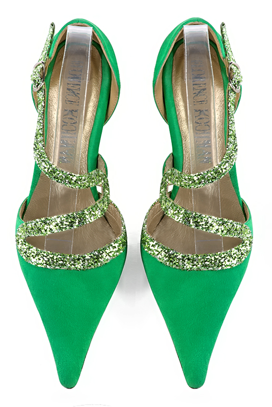 Emerald green women's open side shoes, with snake-shaped straps. Pointed toe. High slim heel. Top view - Florence KOOIJMAN